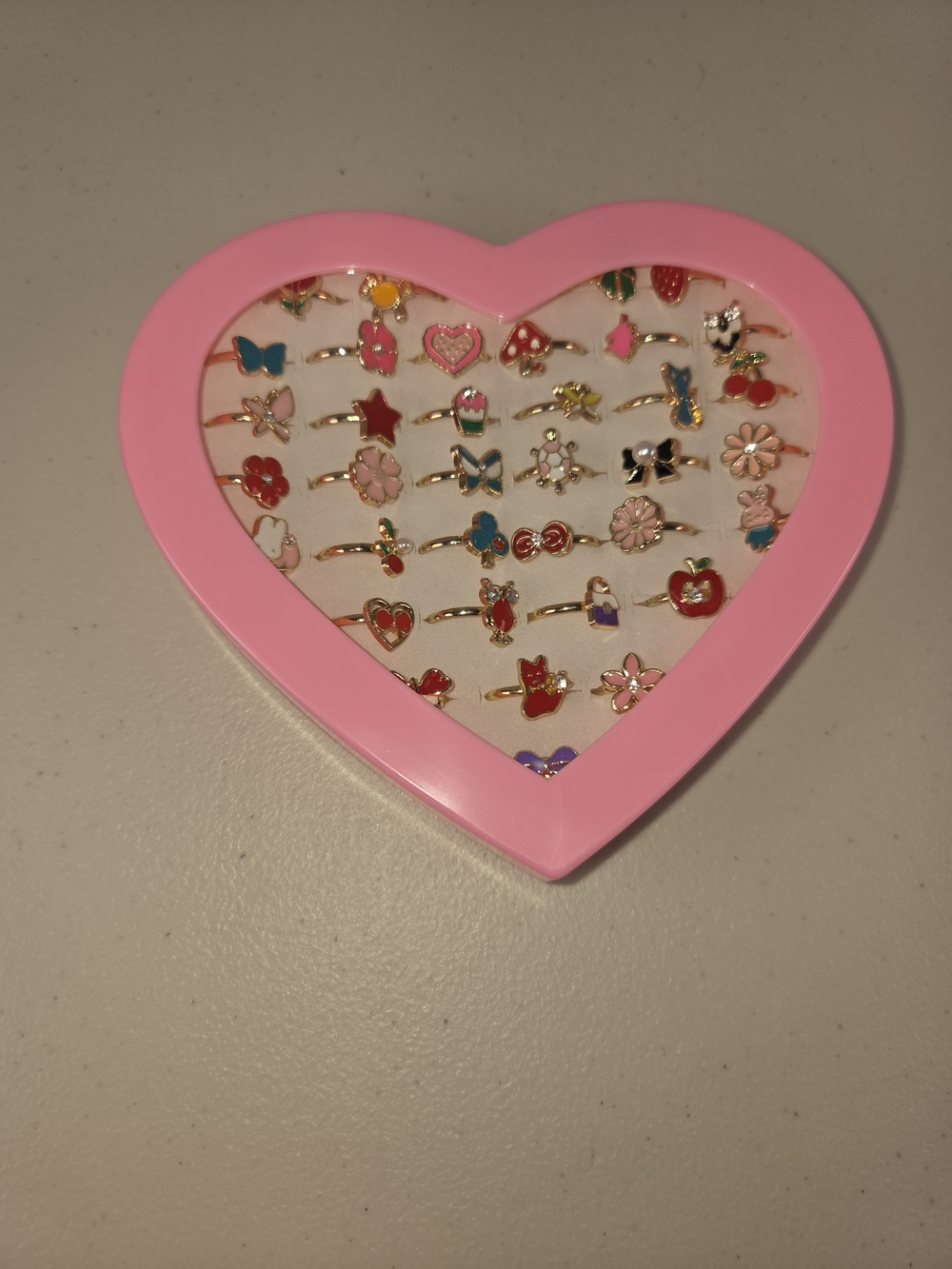 36 Pieces Kids Pink Heart Ring Set - Assorted Enamel Designs